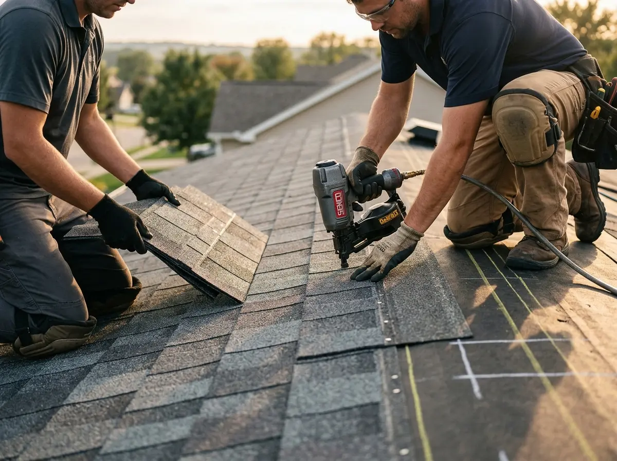 Professional roofer working on a residential roof in Heath